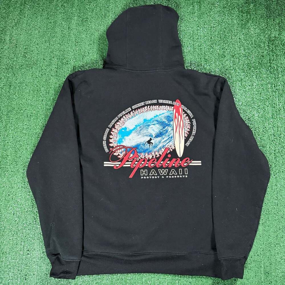 Y2K Mens Pipeline Hawaii Hoodie Black Surf Graphic Pullover Sweatshirt Medium